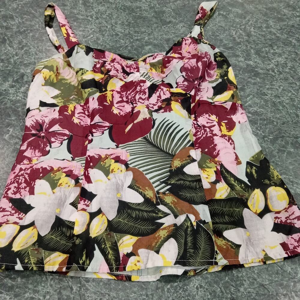 CAbi Tropical Floral Tank Sz 6 Cotton Silk Blend Smocked Convertible Strap Top